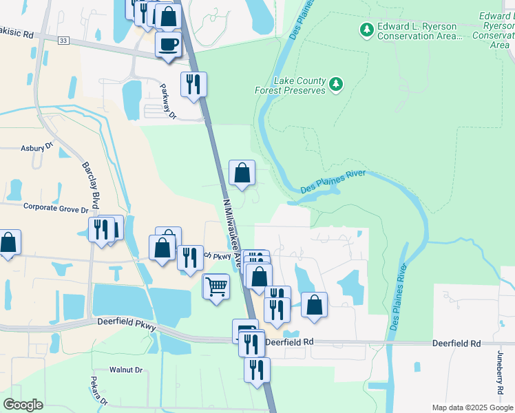 map of restaurants, bars, coffee shops, grocery stores, and more near 21423 Illinois 21 in Buffalo Grove
