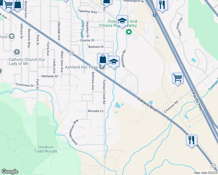 map of restaurants, bars, coffee shops, grocery stores, and more near 1150 Tolman Creek Road in Ashland