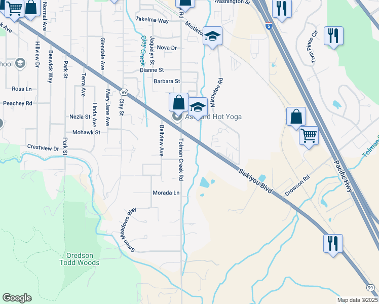 map of restaurants, bars, coffee shops, grocery stores, and more near 1150 Tolman Creek Road in Ashland