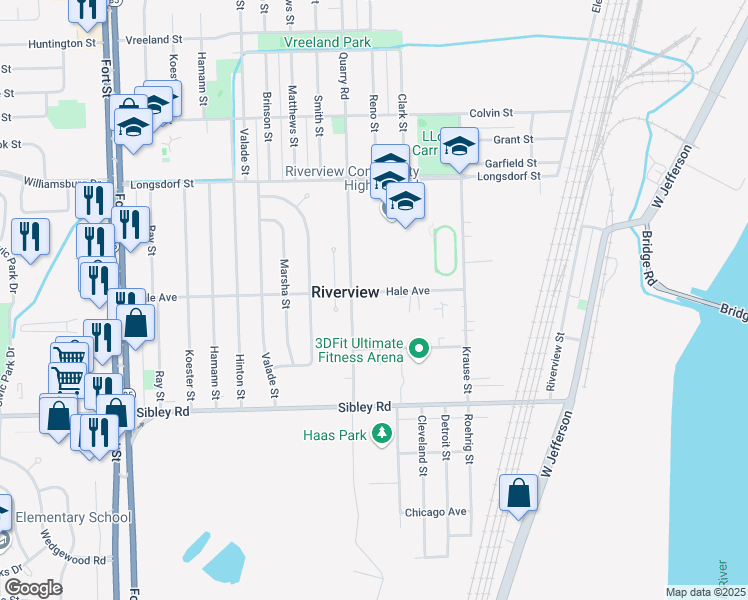 map of restaurants, bars, coffee shops, grocery stores, and more near 12621 Hale Street in Riverview