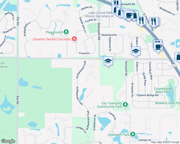map of restaurants, bars, coffee shops, grocery stores, and more near 23332 Quail Court in Deer Park