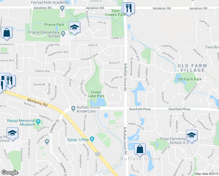 map of restaurants, bars, coffee shops, grocery stores, and more near 1119 Larraway Drive in Buffalo Grove