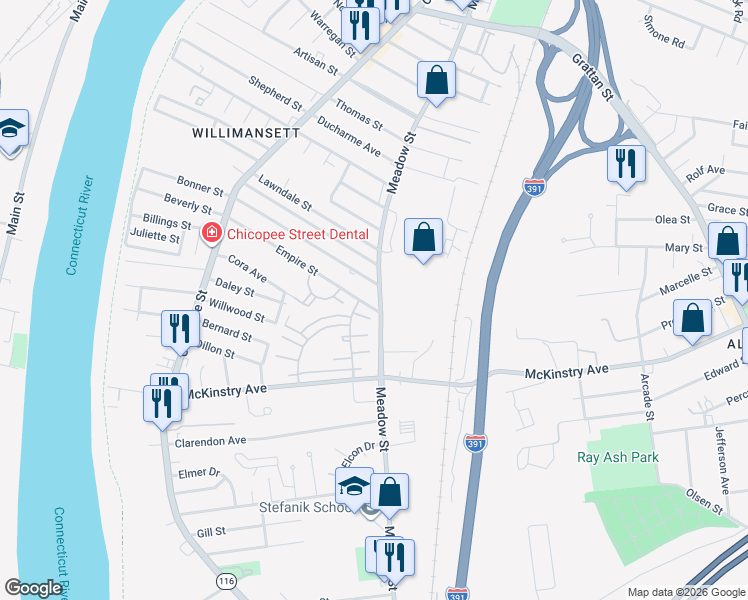 map of restaurants, bars, coffee shops, grocery stores, and more near 490 Meadow Street in Chicopee