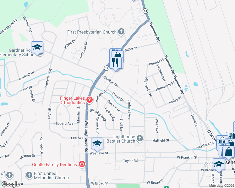 map of restaurants, bars, coffee shops, grocery stores, and more near 118 Myers Drive in Horseheads