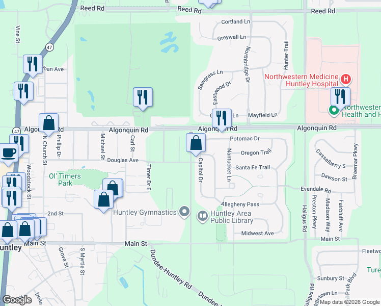 map of restaurants, bars, coffee shops, grocery stores, and more near 10703 Ruth Rd in Huntley