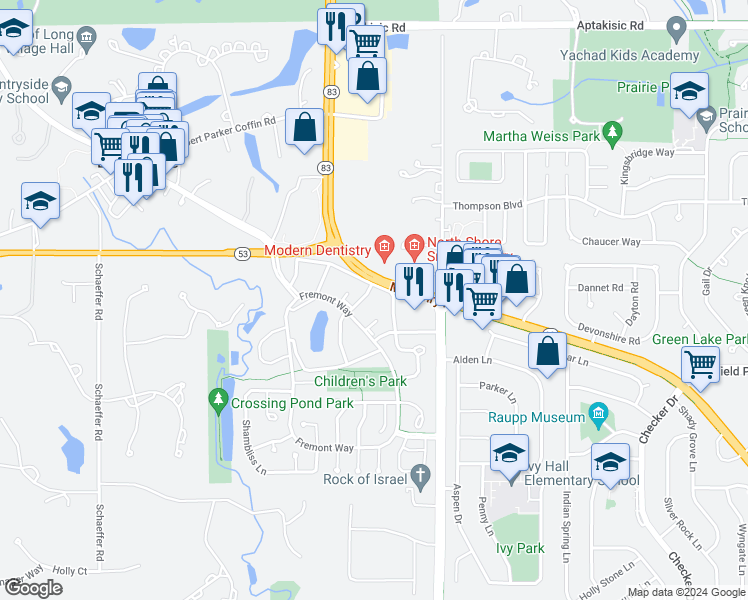 map of restaurants, bars, coffee shops, grocery stores, and more near 1237 Franklin Lane in Buffalo Grove