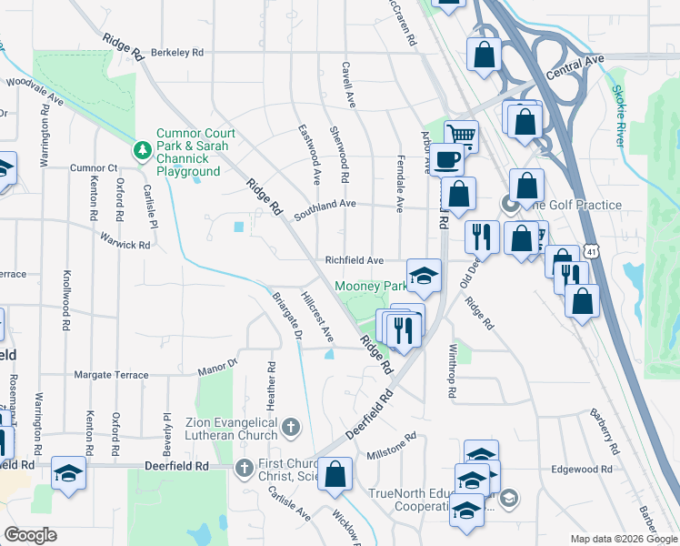map of restaurants, bars, coffee shops, grocery stores, and more near 1172 Sherwood Road in Highland Park