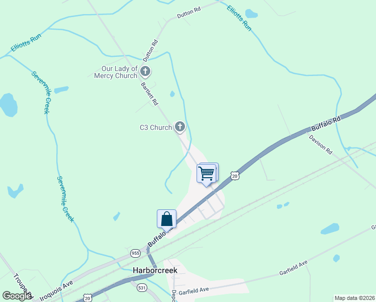 map of restaurants, bars, coffee shops, grocery stores, and more near 1160 Bartlett Rd in Erie