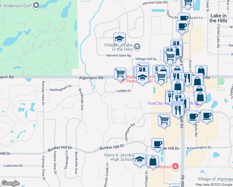 map of restaurants, bars, coffee shops, grocery stores, and more near 2929 Talaga Drive in Algonquin