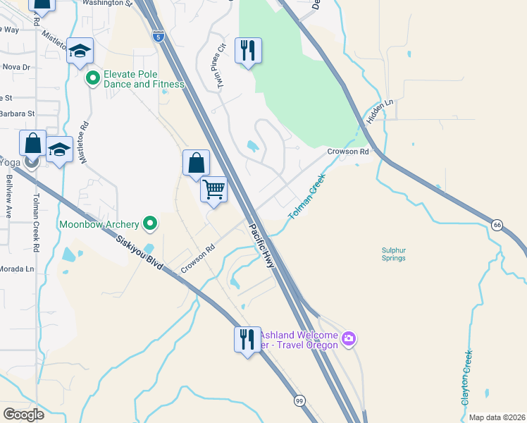 map of restaurants, bars, coffee shops, grocery stores, and more near 488 Crowson Road in Ashland