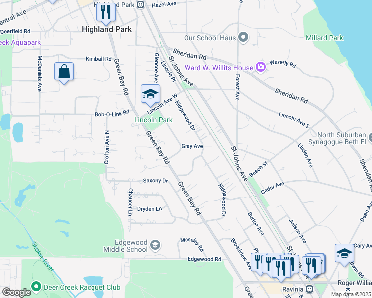 map of restaurants, bars, coffee shops, grocery stores, and more near 660 Gray Avenue in Highland Park