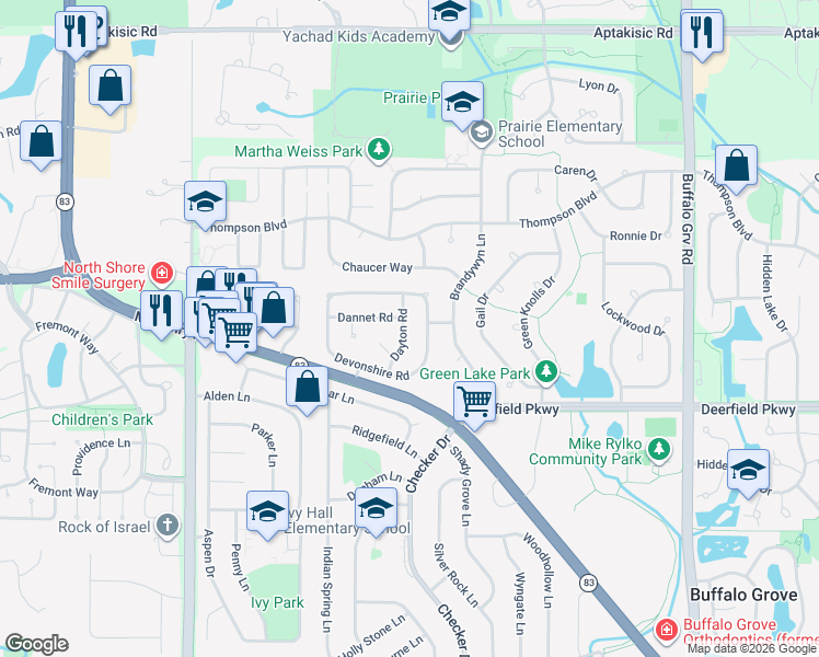 map of restaurants, bars, coffee shops, grocery stores, and more near 1215 Dayton Road in Buffalo Grove