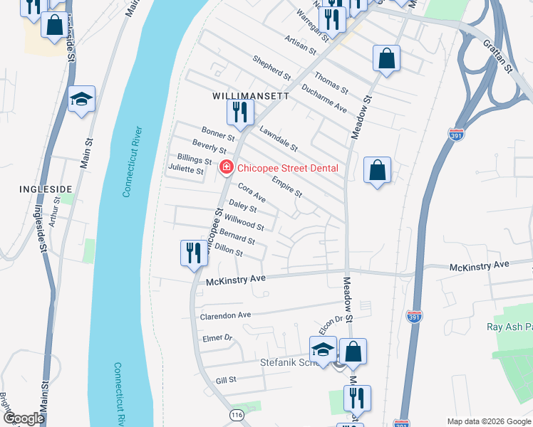 map of restaurants, bars, coffee shops, grocery stores, and more near 76 Daley Street in Chicopee