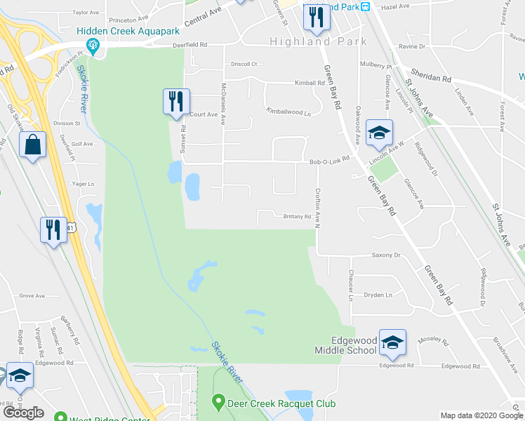 map of restaurants, bars, coffee shops, grocery stores, and more near 1030 Brittany Road in Highland Park