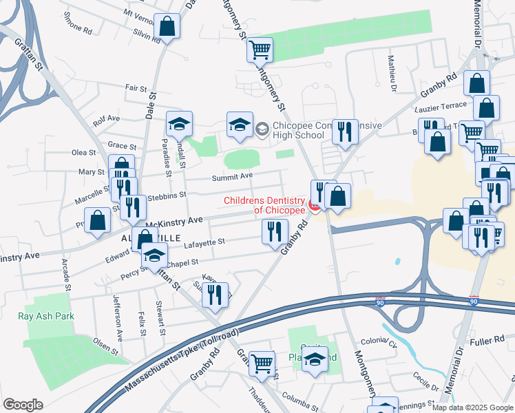 map of restaurants, bars, coffee shops, grocery stores, and more near 898 McKinstry Avenue in Chicopee