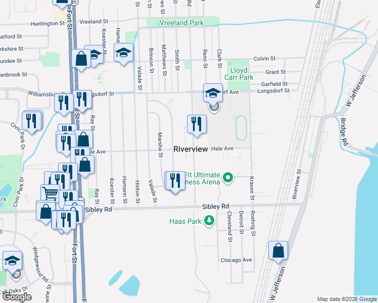 map of restaurants, bars, coffee shops, grocery stores, and more near in Riverview