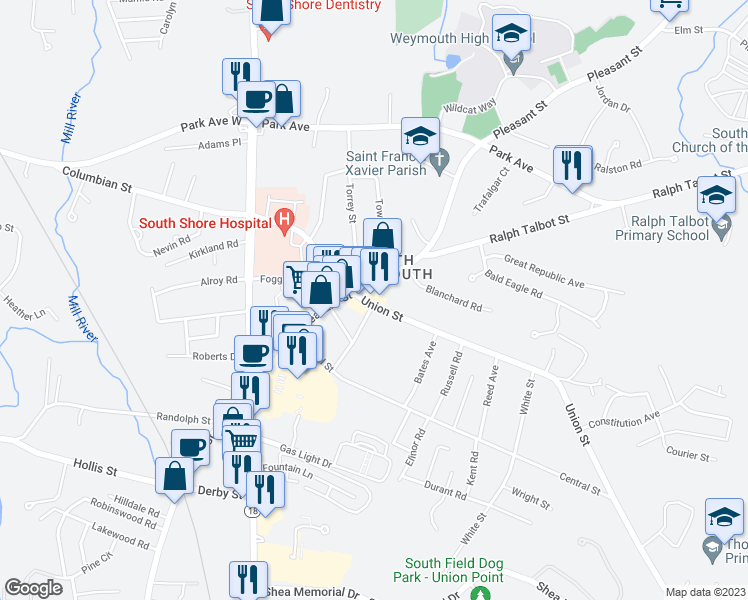 map of restaurants, bars, coffee shops, grocery stores, and more near 22 Union Street in Weymouth