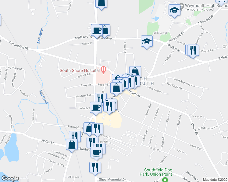 map of restaurants, bars, coffee shops, grocery stores, and more near 82 Pleasant Street in Weymouth