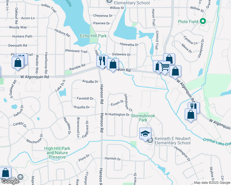 map of restaurants, bars, coffee shops, grocery stores, and more near 1406 Grandview Court in Algonquin