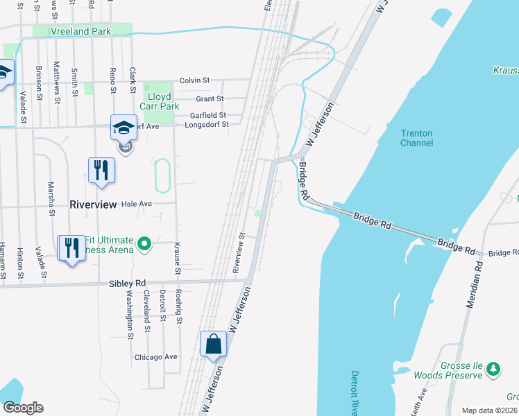 map of restaurants, bars, coffee shops, grocery stores, and more near 18350 Jefferson in Riverview