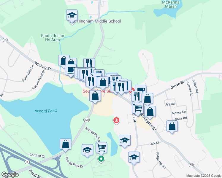 map of restaurants, bars, coffee shops, grocery stores, and more near 37 Washington Street in Norwell