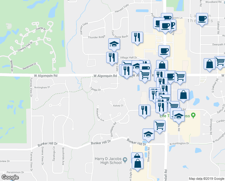map of restaurants, bars, coffee shops, grocery stores, and more near 2893 Talaga Drive in Algonquin