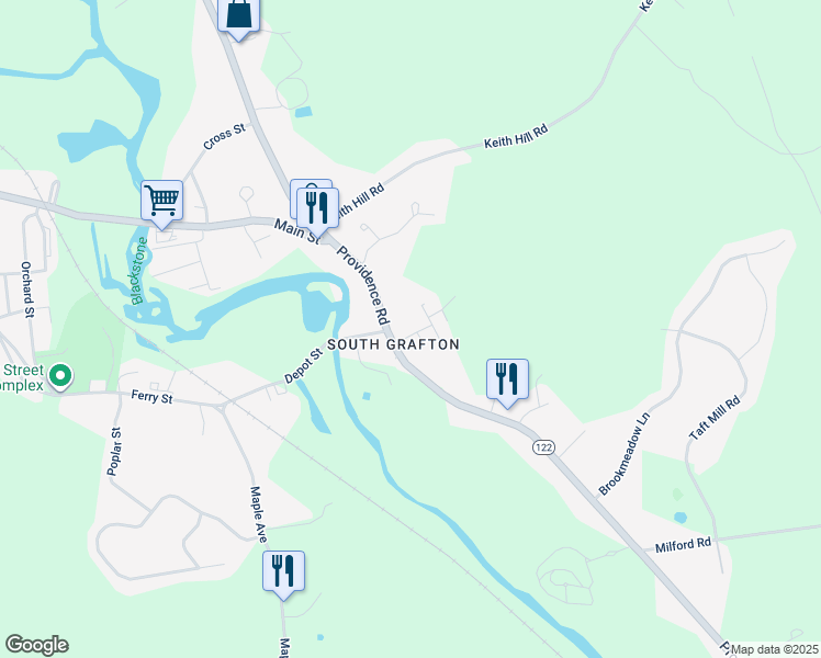 map of restaurants, bars, coffee shops, grocery stores, and more near 7 Harding Street in Grafton