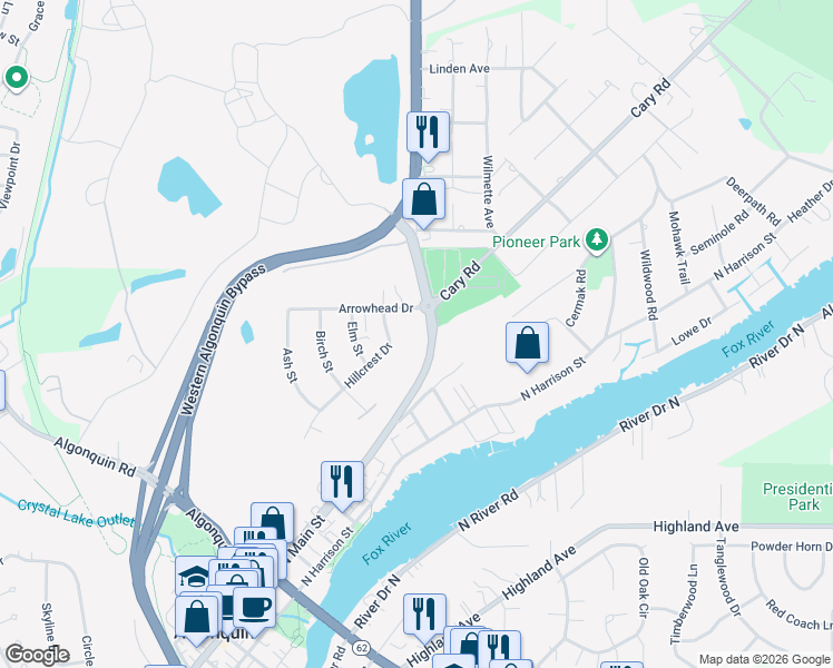 map of restaurants, bars, coffee shops, grocery stores, and more near 1A Arrowhead Drive in Algonquin