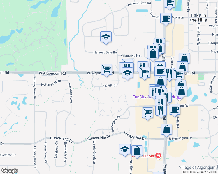 map of restaurants, bars, coffee shops, grocery stores, and more near 2907 Talaga Drive in Algonquin