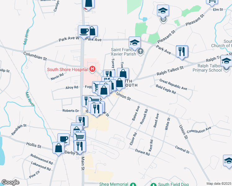 map of restaurants, bars, coffee shops, grocery stores, and more near 22 Union Street in Weymouth