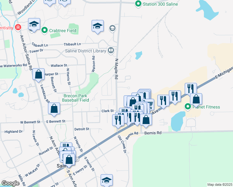 map of restaurants, bars, coffee shops, grocery stores, and more near 475 North Maple Road in Saline