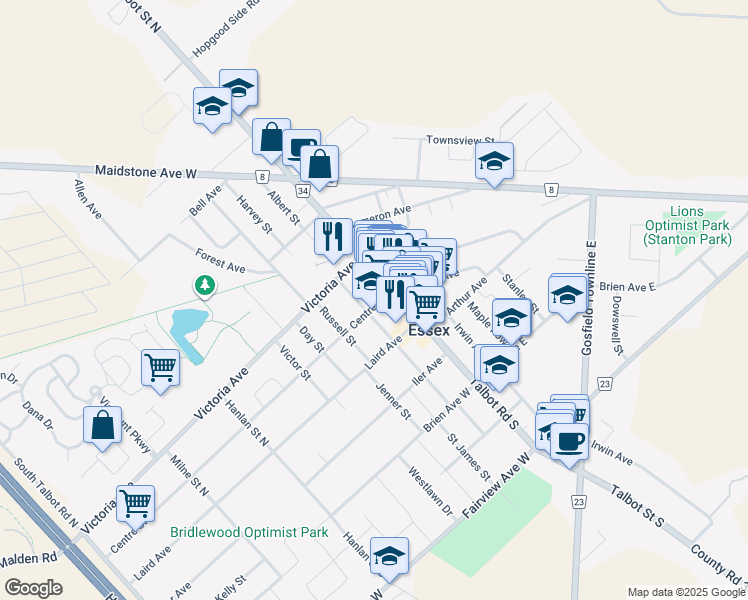 map of restaurants, bars, coffee shops, grocery stores, and more near 19 Centre Street in Essex