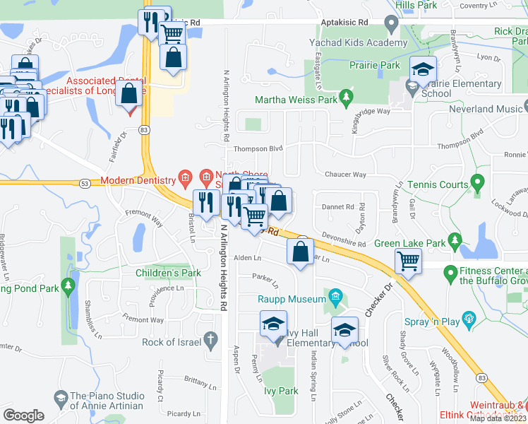 map of restaurants, bars, coffee shops, grocery stores, and more near 1061 Courtland Drive in Buffalo Grove