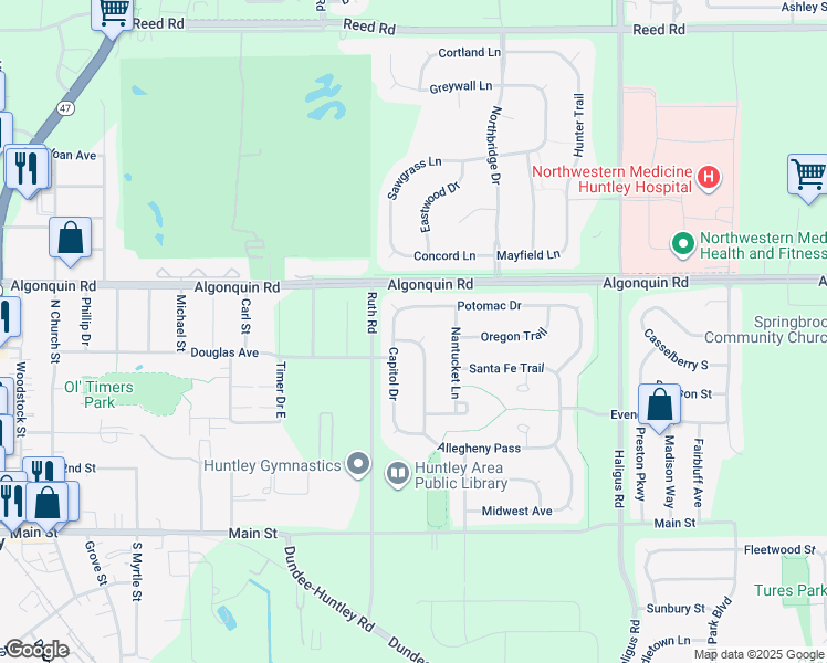 map of restaurants, bars, coffee shops, grocery stores, and more near 10612 Golden Gate Avenue in Huntley