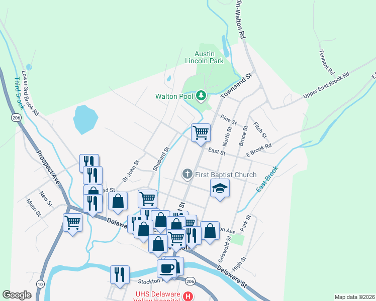 map of restaurants, bars, coffee shops, grocery stores, and more near 84 Liberty St in Walton