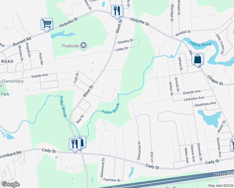 map of restaurants, bars, coffee shops, grocery stores, and more near 110 Bruni Avenue in Ludlow