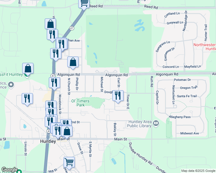 map of restaurants, bars, coffee shops, grocery stores, and more near 10615 Charles Street in Huntley
