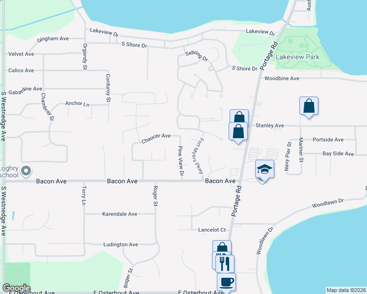 map of restaurants, bars, coffee shops, grocery stores, and more near 9825 Pine View Drive in Portage