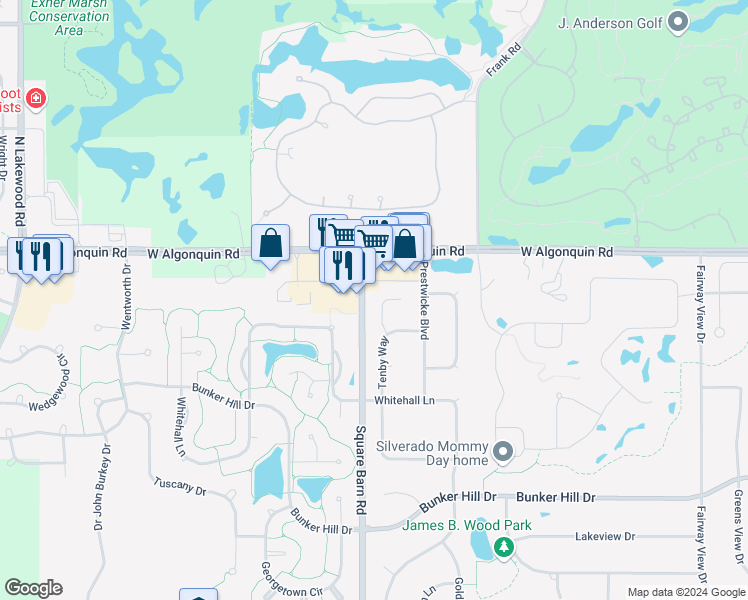 map of restaurants, bars, coffee shops, grocery stores, and more near 10 Walbridge Court in Algonquin
