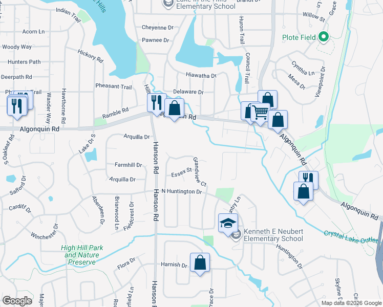 map of restaurants, bars, coffee shops, grocery stores, and more near 1362 Grandview Court in Algonquin