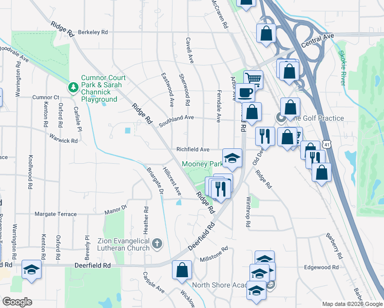 map of restaurants, bars, coffee shops, grocery stores, and more near 1172 Sherwood Road in Highland Park