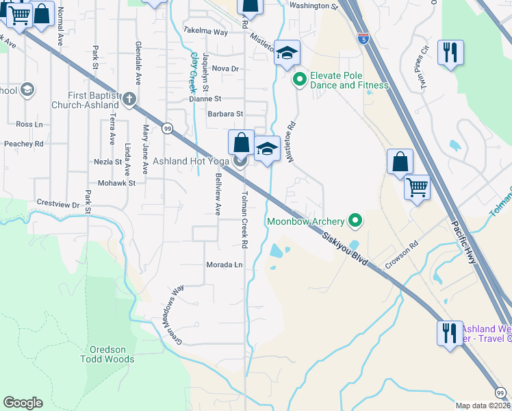 map of restaurants, bars, coffee shops, grocery stores, and more near 1150 Tolman Creek Road in Ashland