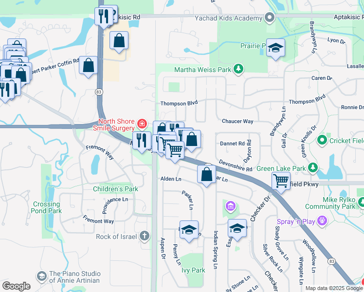 map of restaurants, bars, coffee shops, grocery stores, and more near 1051 Courtland Drive in Buffalo Grove