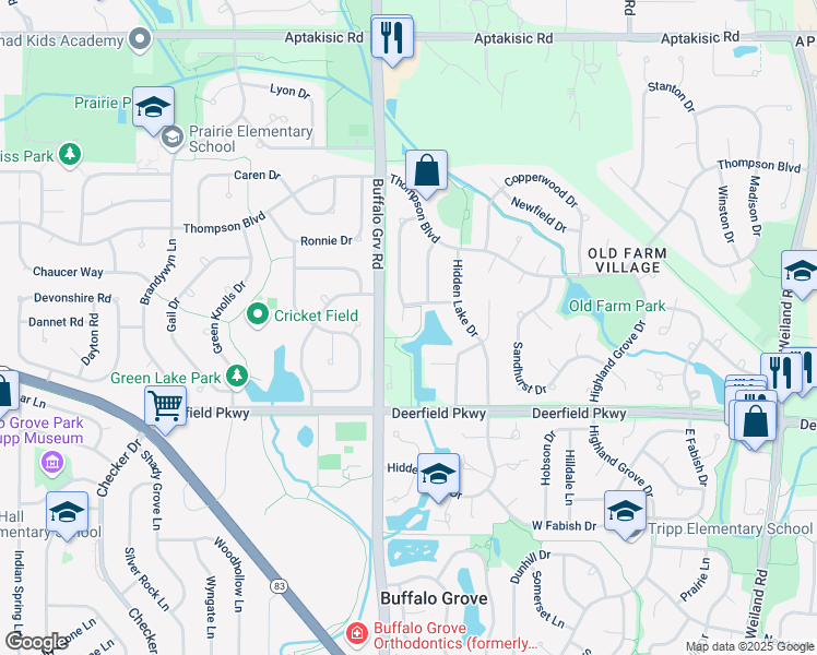 map of restaurants, bars, coffee shops, grocery stores, and more near 1201 Westchester Court in Buffalo Grove