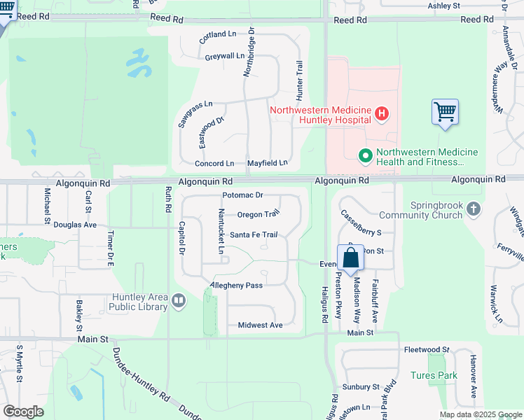 map of restaurants, bars, coffee shops, grocery stores, and more near 10708 Oregon Trail in Huntley