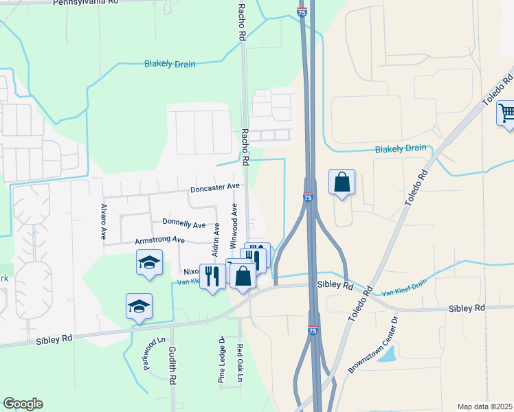 map of restaurants, bars, coffee shops, grocery stores, and more near 18225 Racho Road in Brownstown Charter Township