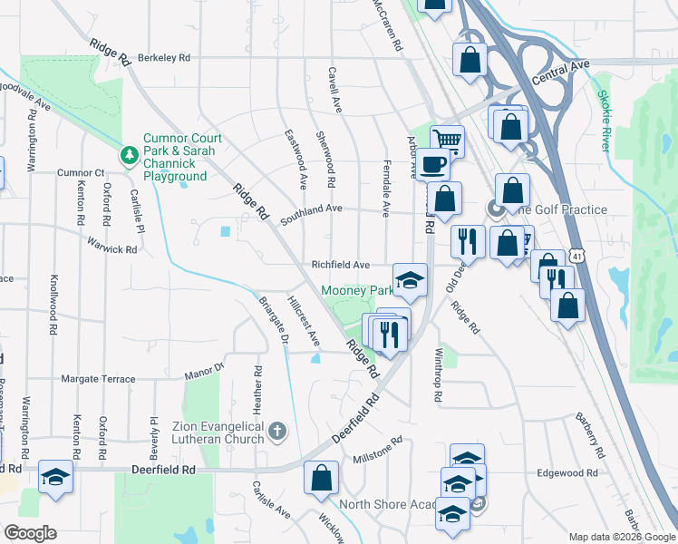 map of restaurants, bars, coffee shops, grocery stores, and more near 1172 Sherwood Road in Highland Park