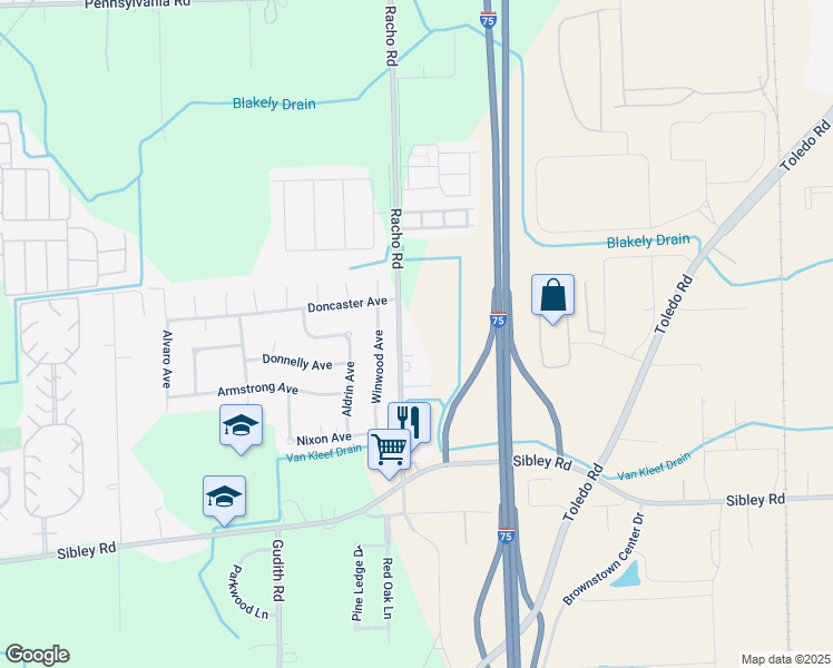 map of restaurants, bars, coffee shops, grocery stores, and more near 18225 Racho Road in Brownstown Charter Township