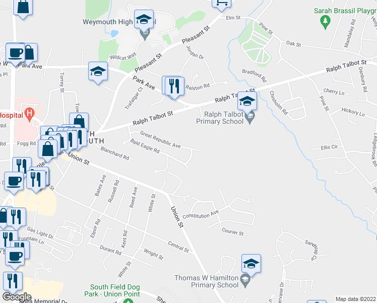 map of restaurants, bars, coffee shops, grocery stores, and more near 115 Great Republic Avenue in Weymouth