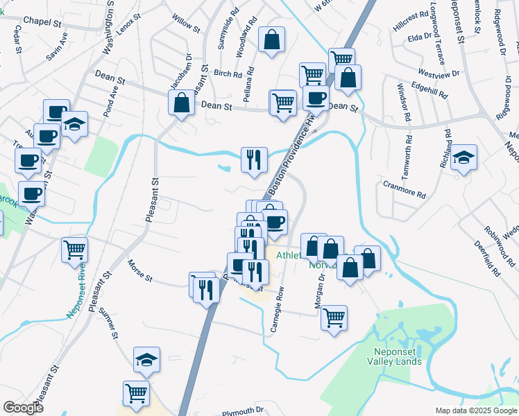 map of restaurants, bars, coffee shops, grocery stores, and more near 1175 Boston-Providence Turnpike in Norwood